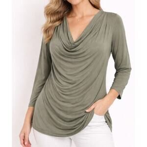 Soft Surroundings Top Womens L Green Draped Cowl Neck Pullover Blouse Minimalist